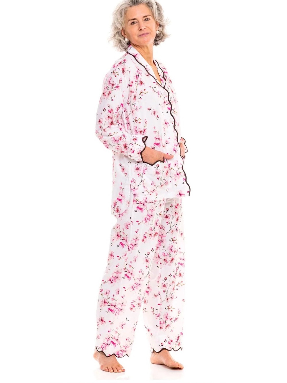 Heidi Carey Cherry Blossom Pajama Set Button Front Collar Pockets Small
